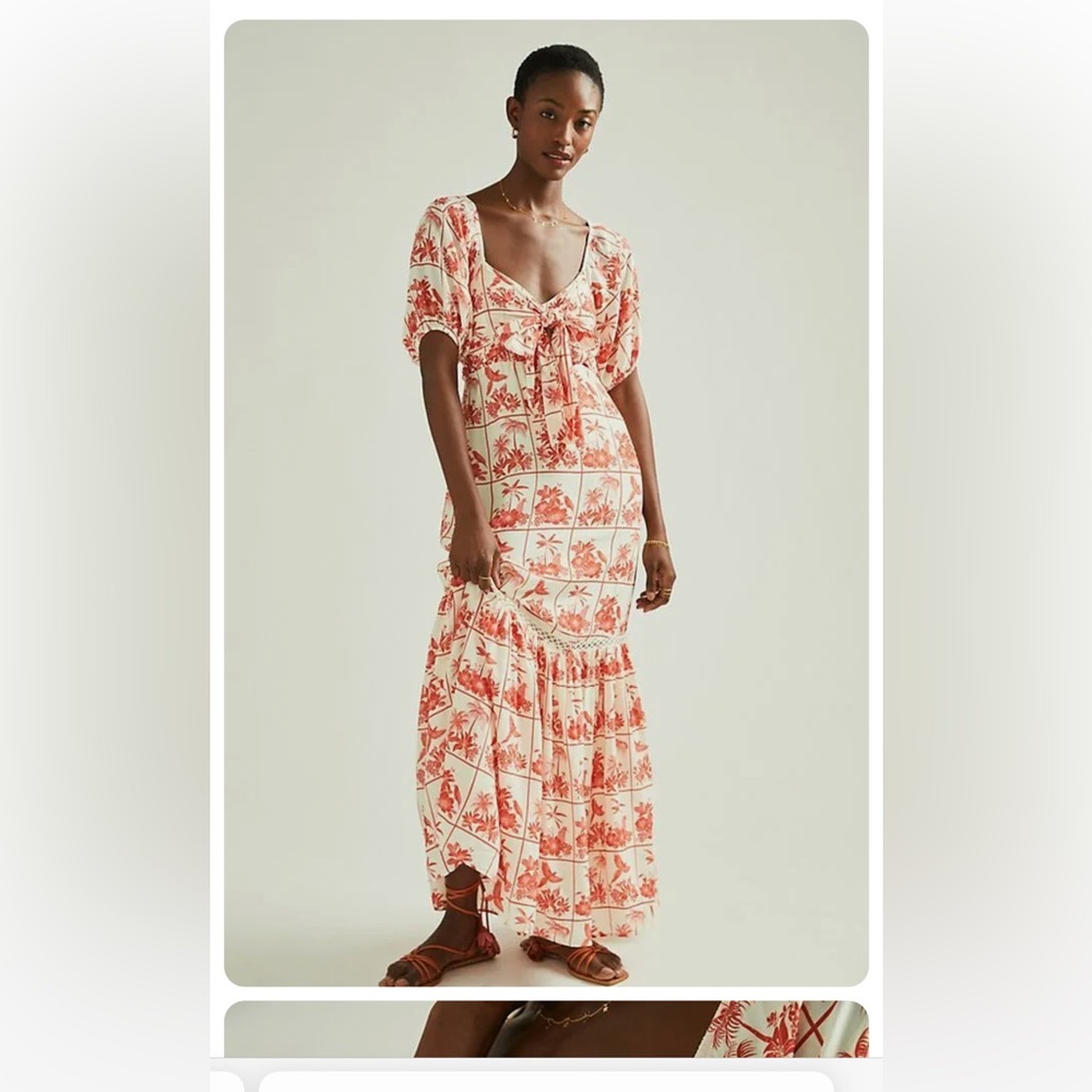 Farm rio for Anthropologie summer dress. Tropical print with palms and birds.